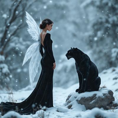 The primary subject of the image is a woman dressed in a black gown, standing in the snow. She is positioned in front of a black cat, which is sitting on a rock. The setting is a snowy landscape, and the visual style appears to be a photo. The colors in the image are predominantly white and black, creating a cold and serene atmosphere.